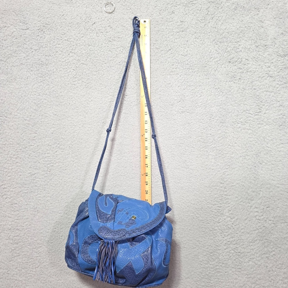 Vintage Nas Bag Blue Patchwork Leather Shoulder Bag 80's Boho Fringe Cloth Lined - Picture 6 of 7
